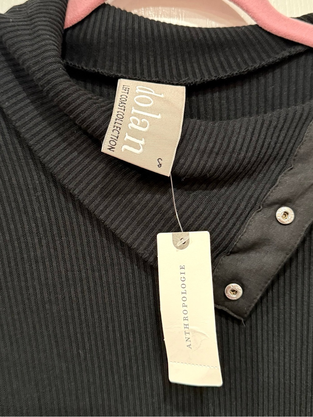 Anthropologie Dolan Black Ribbed Button Shoulder Top - Picture 3 of 6